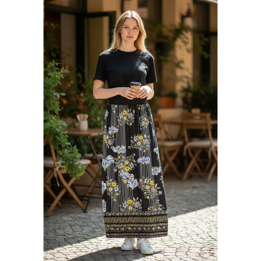 APT 9 Women's Strapless Maxi‎ Skirt XL Black Floral Boho Stretch Summer Pull On